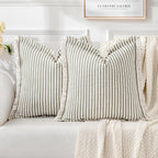 Miulee Pack Of 2 Olive Green Pillow Covers 18X18 Inch Striped Farmhouse Couch Spring Throw Pillow Covers With Fringe Chic Linen Decorative Cushion Covers For Sofa Living Room Bed Home Decor