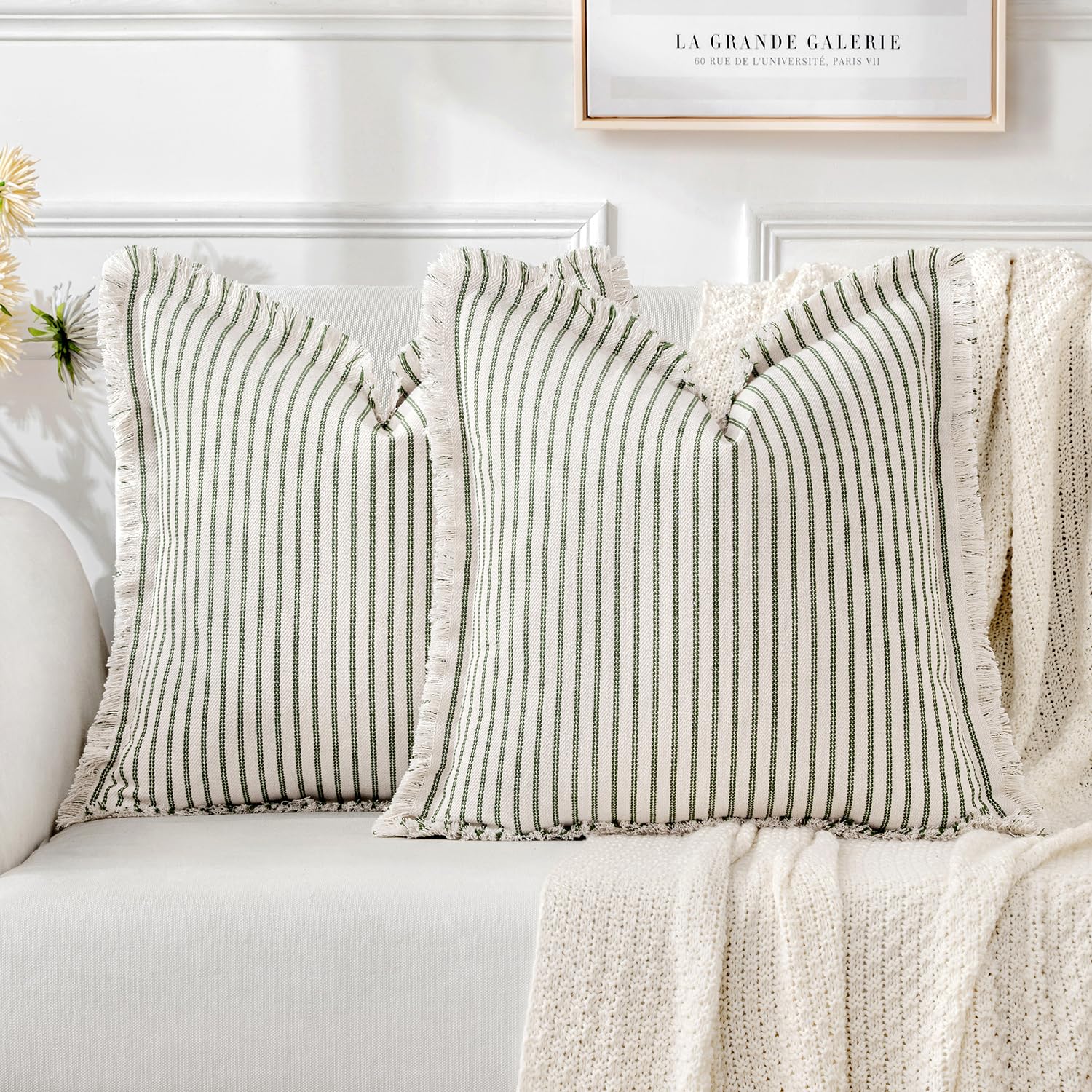 Miulee Pack Of 2 Olive Green Pillow Covers 18X18 Inch Striped Farmhouse Couch Spring Throw Pillow Covers With Fringe Chic Linen Decorative Cushion Covers For Sofa Living Room Bed Home Decor