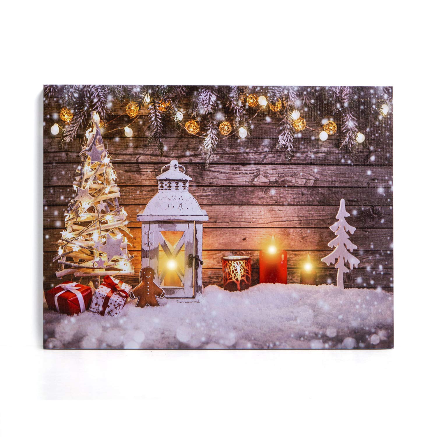 NIKKY HOME 16 x 12 Decorative Christmas LED Lighted Canvas Wall Art Prints Tree and Candles Picture Winter Snow Scene for Holida