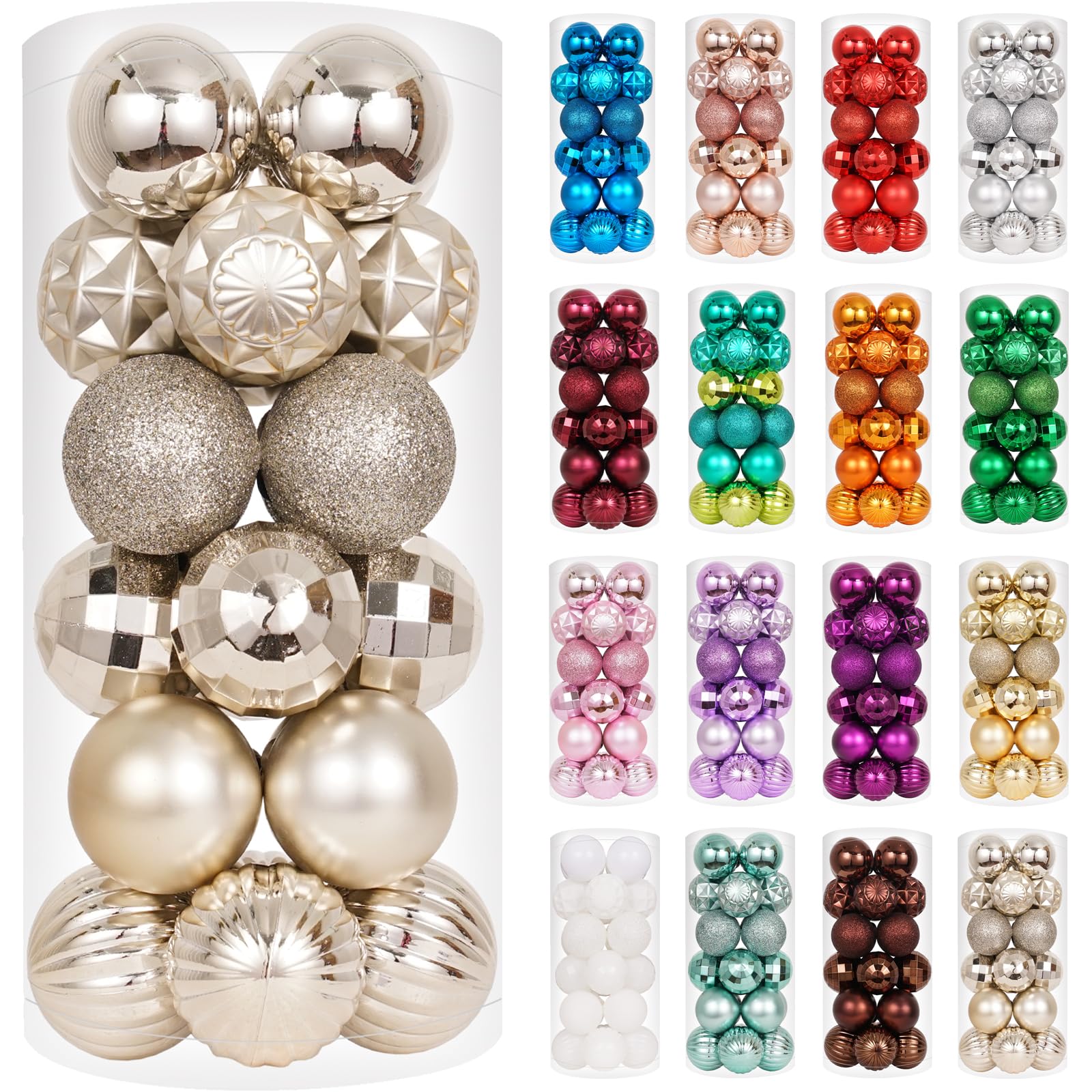 XmasExp Christmas Ball Ornaments (1.57'', Champagne Gold) 24ct Christmas Ball Ornaments Shatterproof Xmas Tree Hanging Balls Dec