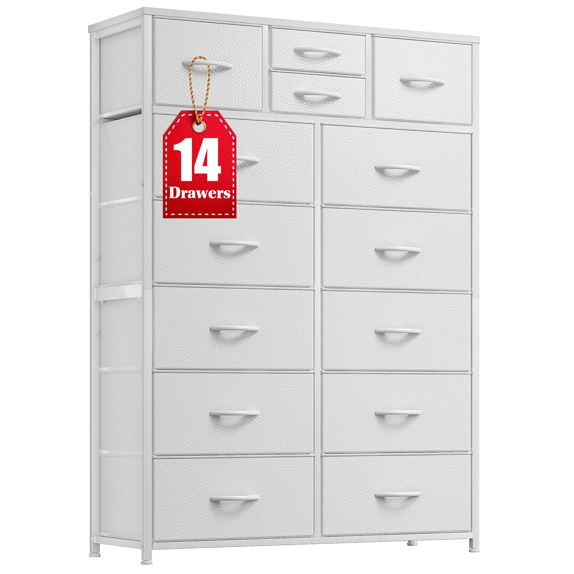 EnHomee White Dresser for Bedroom with 14 Drawers, Tall Dressers for Bedroom with Wooden Top and Metal Frame, Large Fabric Chest