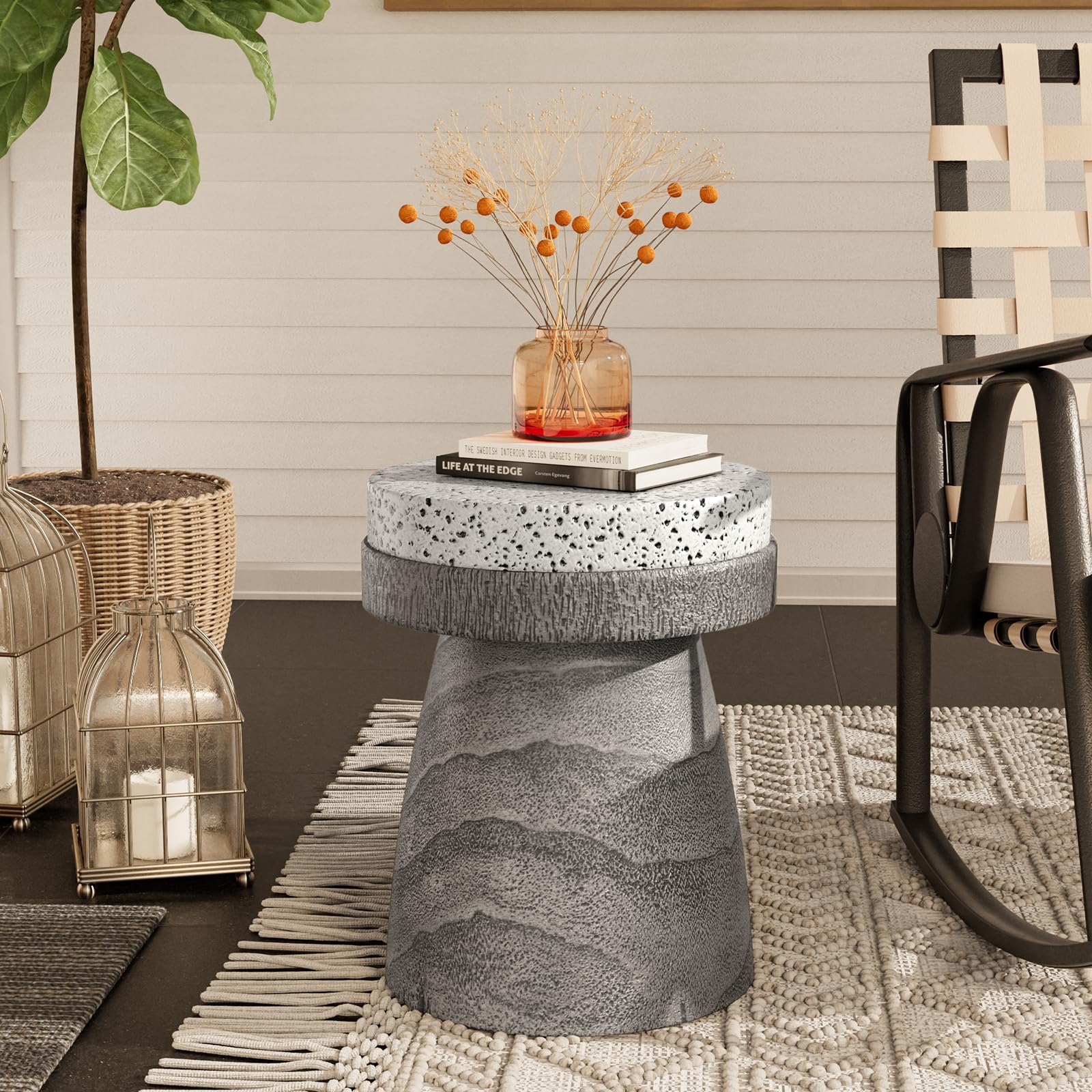 COSIEST Outdoor Side Table w Spotted Tabletop, Concrete Side Table, Round Patio Side Table Stool, Lightweight Outdoor Accent Tab
