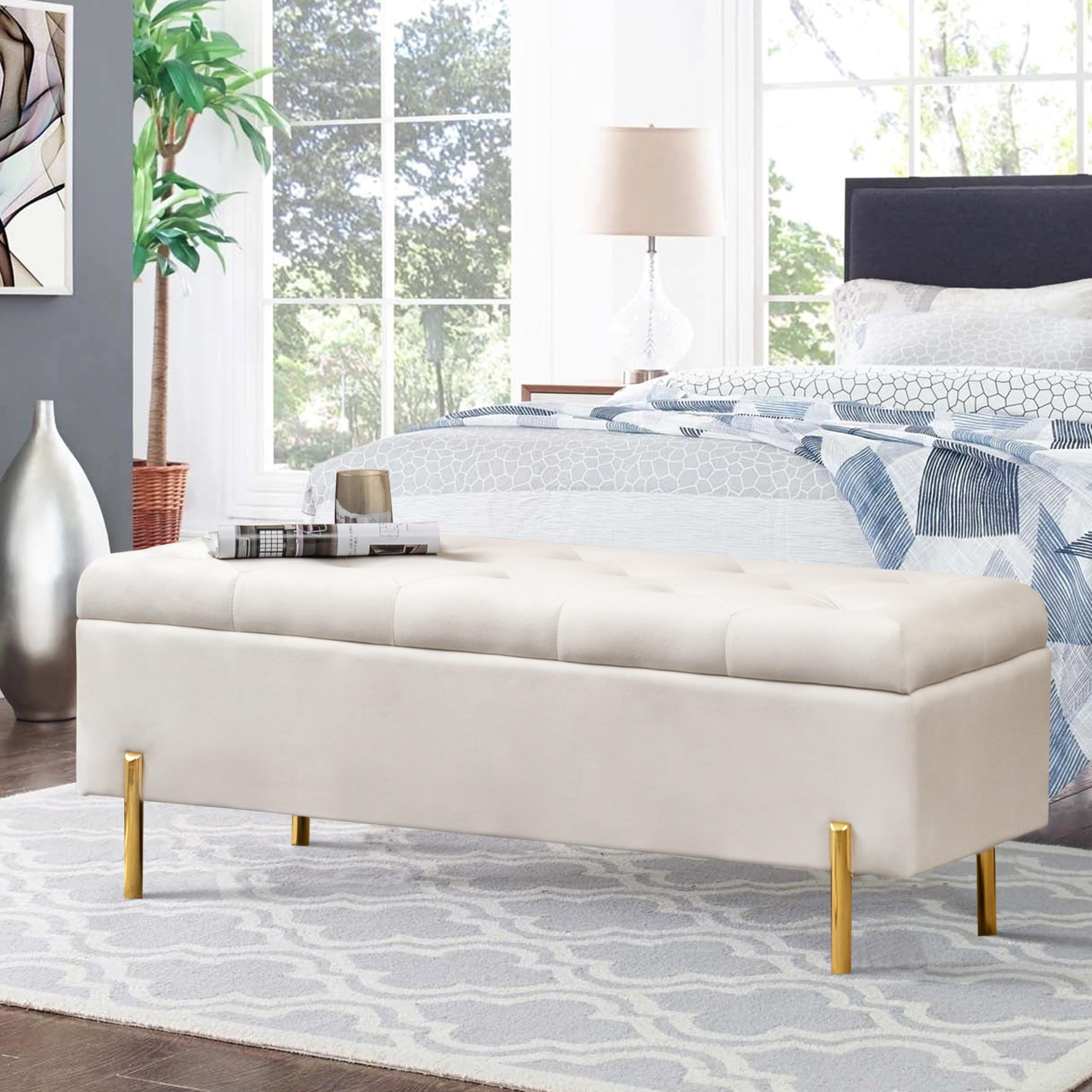 Apeaka Velvet Storage Bench Bedroom End of Bed Upholstered Tufted Settee Bench for Living Room Entryway Rectangular Storage Otto