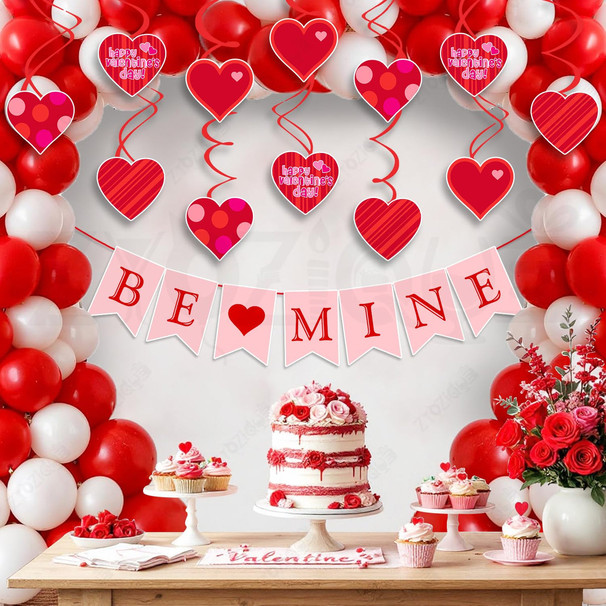 Zyozique Valentines Day Decorations Combo with Paper Banner, Balloons, Swirls Hanging for Party, Anniversary, Red and White The