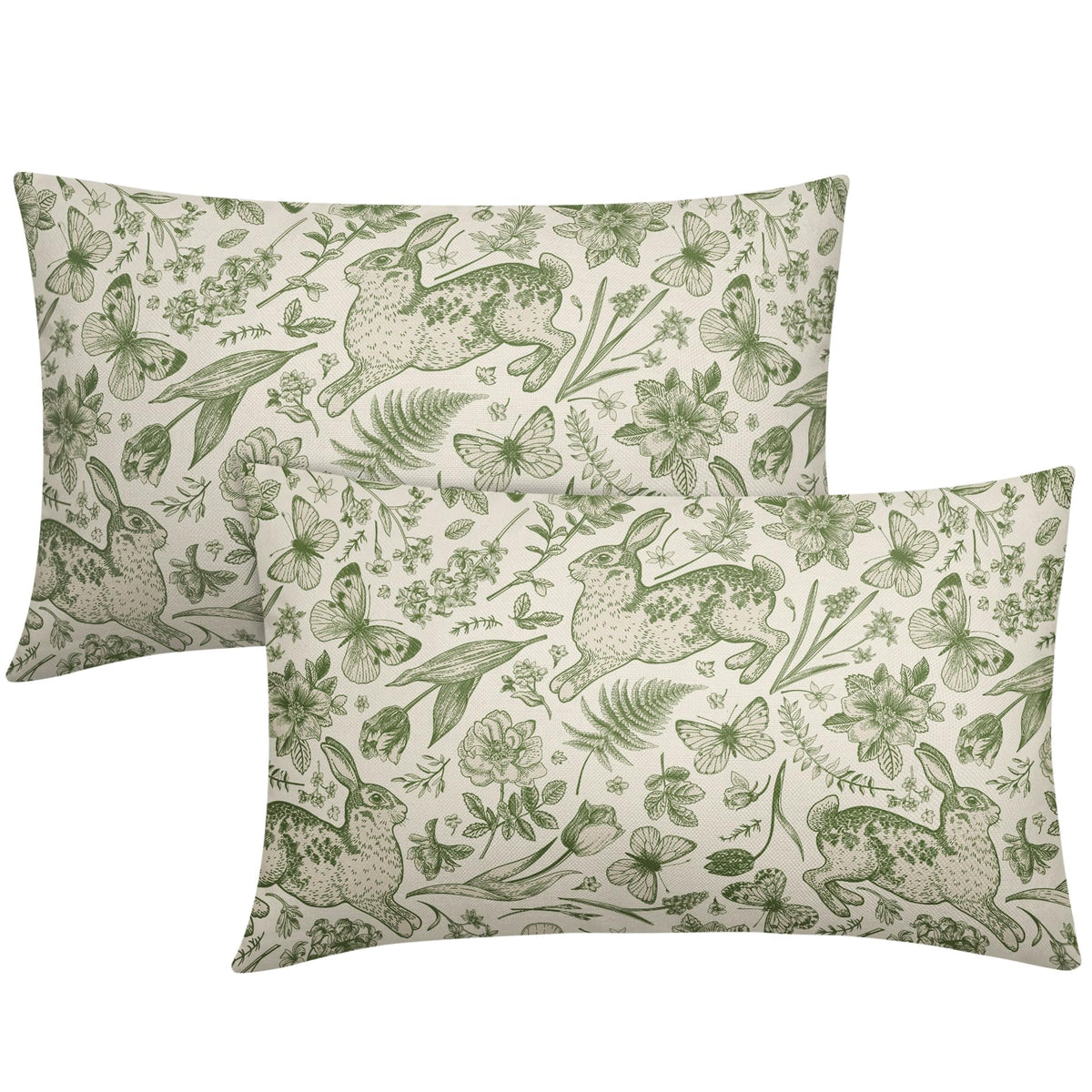 Cozywisper Spring Green Pillow Covers 12X20 Inch Set Of 2 Rabbit Bunny Floral Leaf Butterfly Botanical Plants Print Decorative T