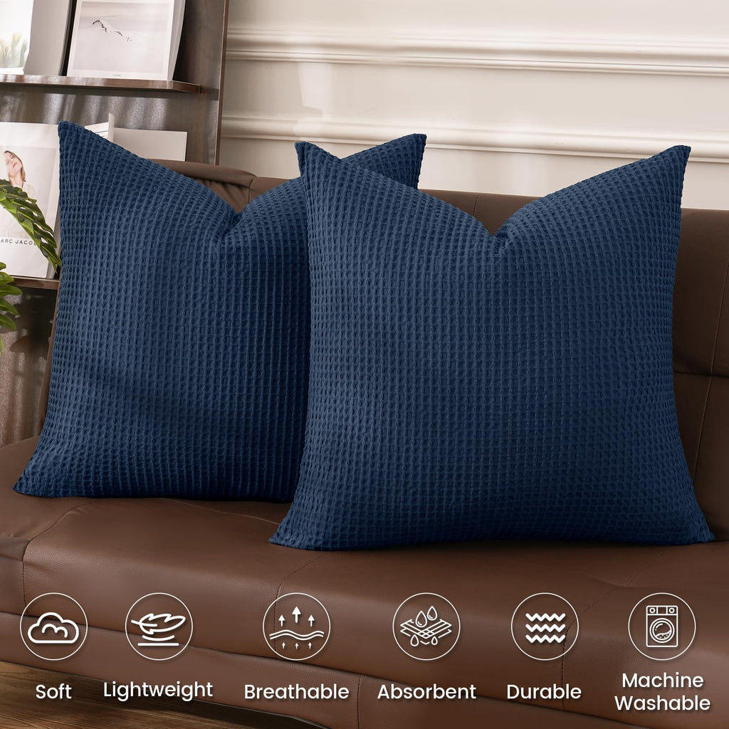 Phf 100% Cotton Waffle Weave Throw Pillow Cover, 24' X 24', No Filling, 2 Pack Elegant Home Decorative Square Throw Pillow Covers For Bed Couch Sofa, Dark Navy