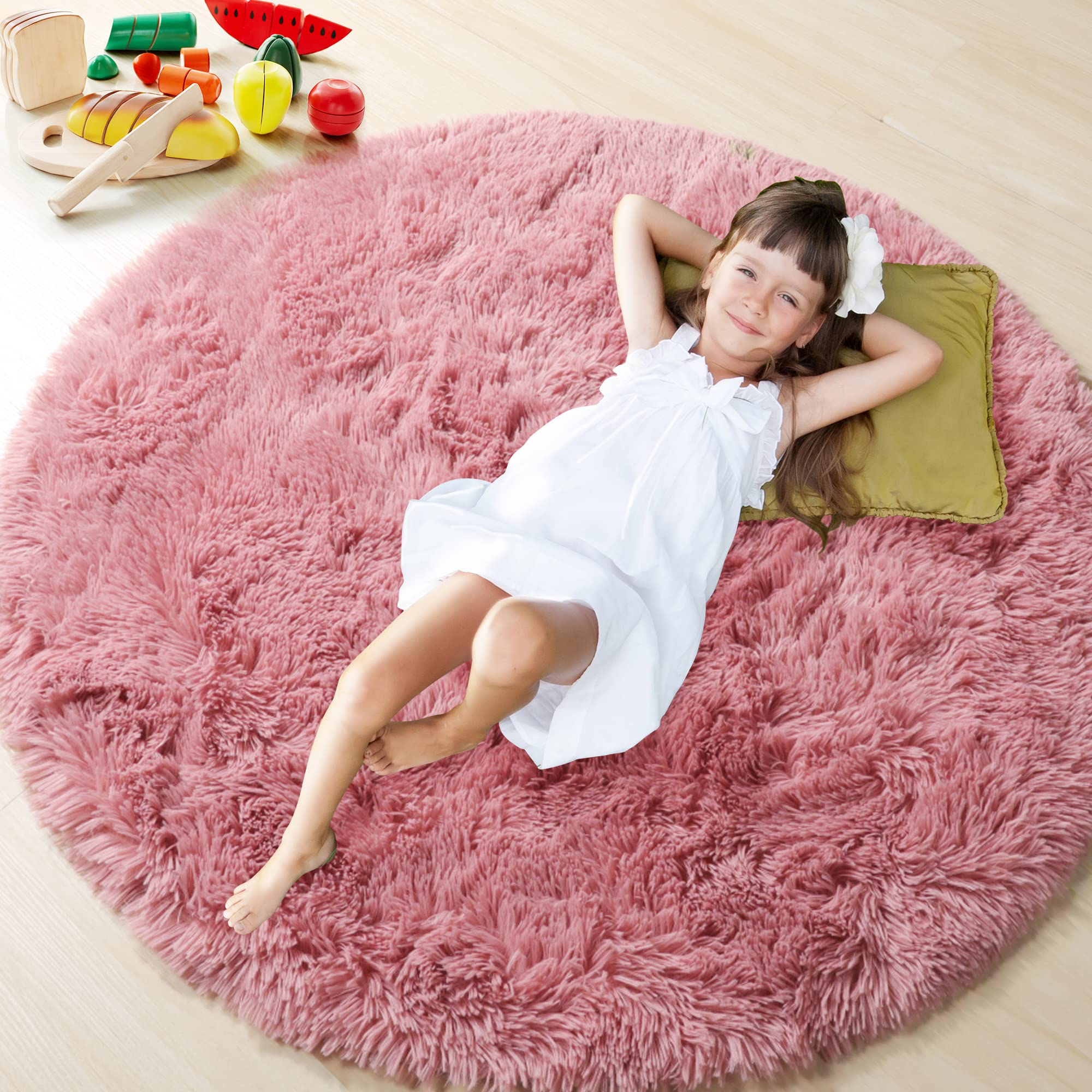 ONASAR Blush Round Area Rug 5ft, Soft Bedroom Circle Rugs Mats for Kids Girls Teen Room, Fluffy Plush Shaggy Carpet for Baby Nur