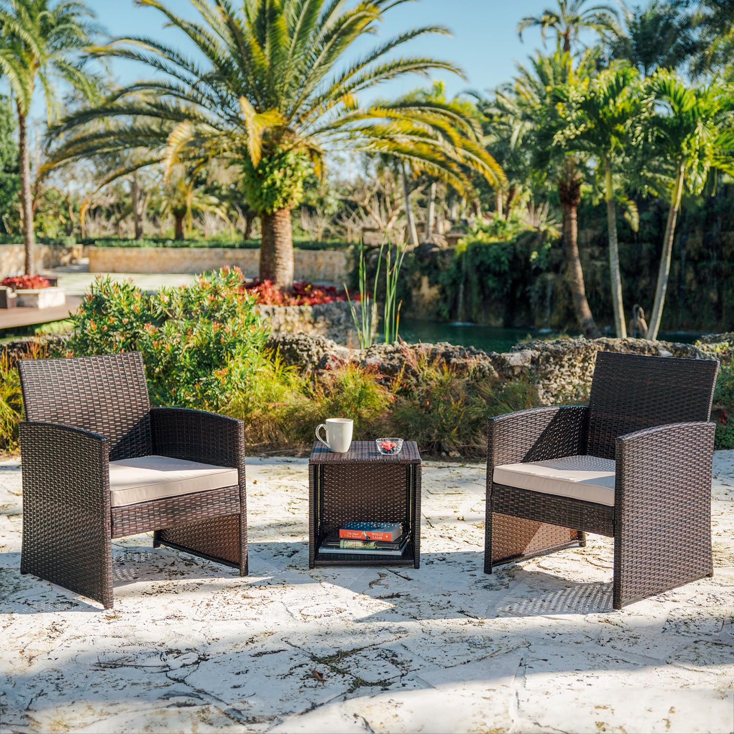 Nestl Wicker Outdoor Furniture Set - 3 Piece Patio Bistro Set (Brown/Beige)