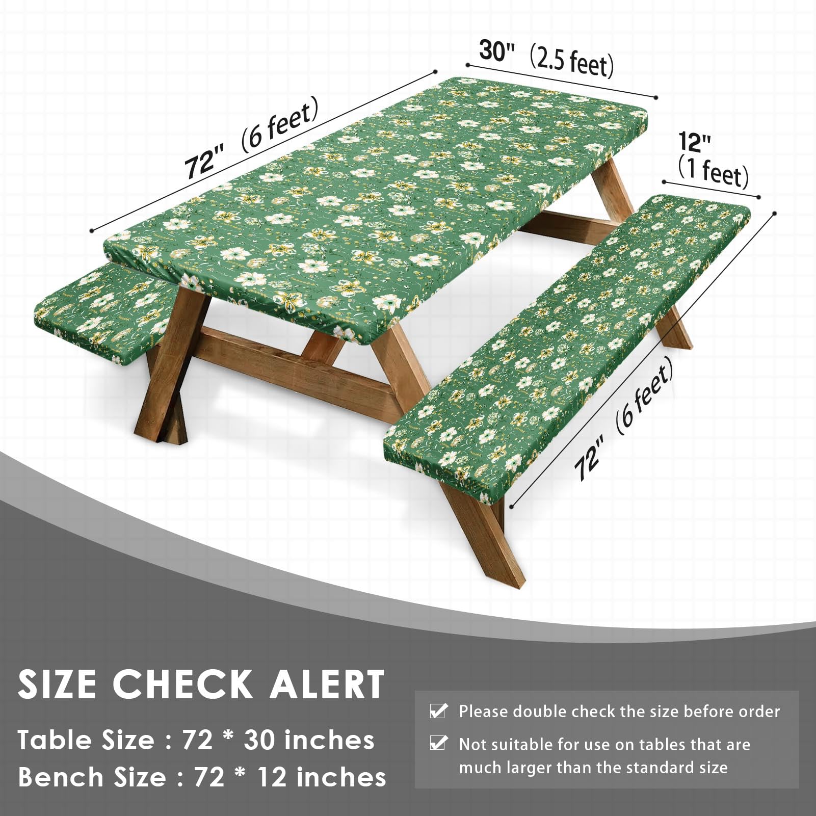 Britown Picnic Table Cover With Bench Covers Elastic Edges, Green Flower Fitted Table Cover, Outdoor Patio Camping Essentials 72
