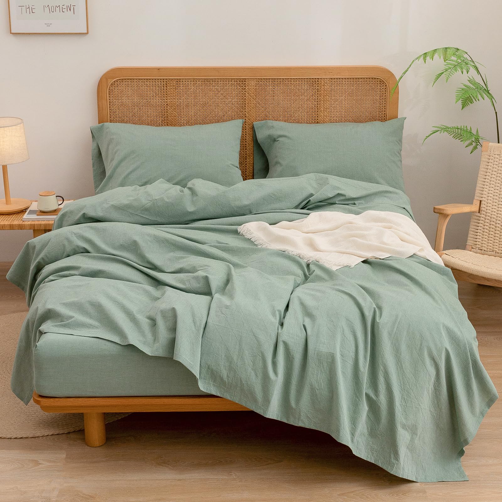 Bestouch Sheet Set 100% Washed Cotton Linen Feel Super Soft Comfortable Chic Lightweight 4 Pcs Home Bedding Set Solid Green Full