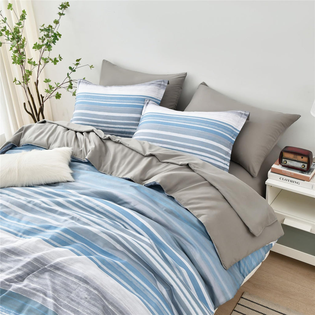 Kakijumn 7 Piece Bed In A Bag Stripe Comforter Set Queen Size, White Grey Blue Patchwork Striped Comforter And Sheet Set, All Se