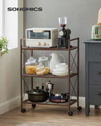 Songmics 3-Tier Metal Storage Rack With Wheels, Mesh Shelving Unit With X Side Frames, 23.6-Inch Width, For Entryway, Kitchen, Living Room, Bathroom, Industrial Style, Metallic Bronze Ubsc163A01