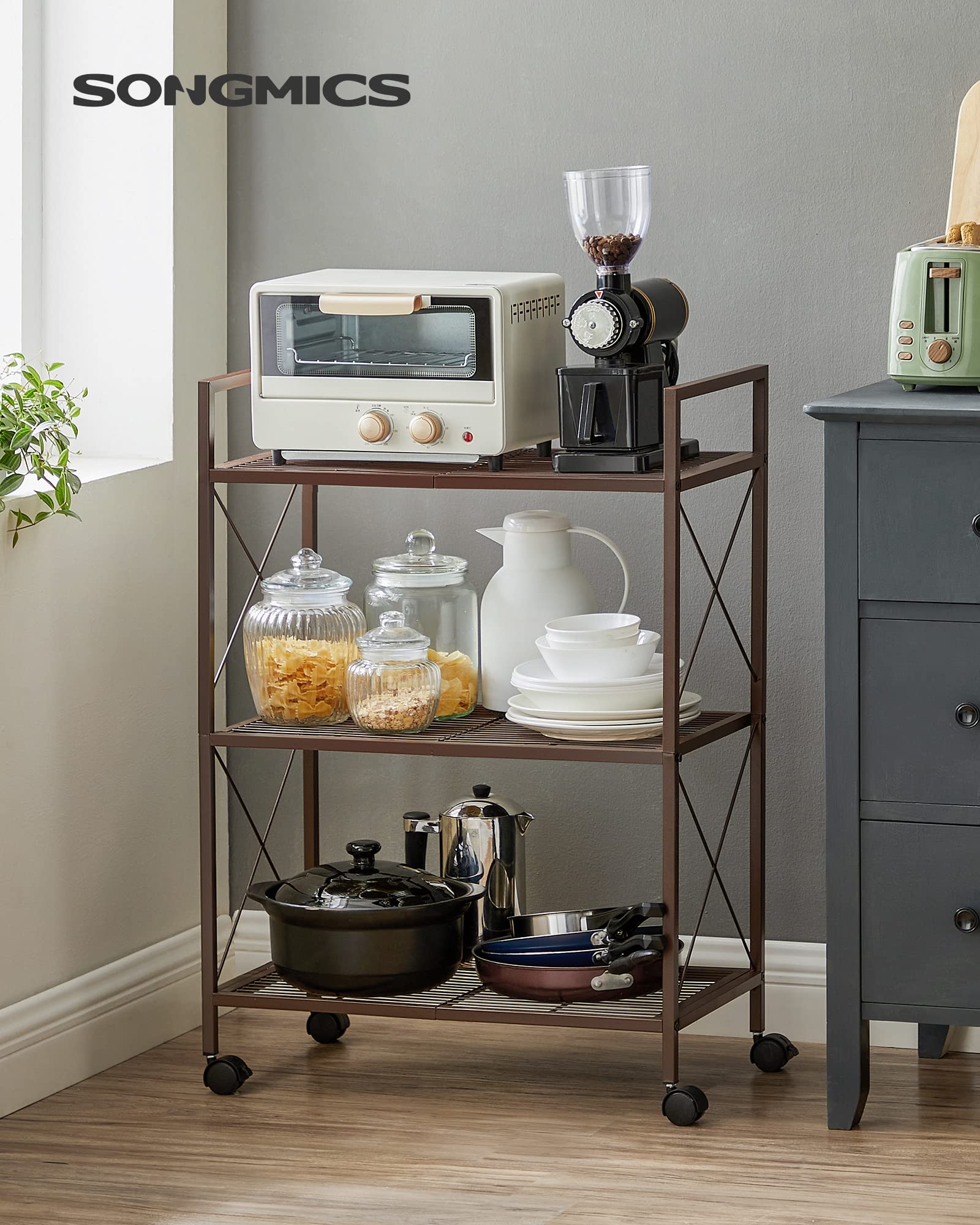 Songmics 3-Tier Metal Storage Rack With Wheels, Mesh Shelving Unit With X Side Frames, 23.6-Inch Width, For Entryway, Kitchen, Living Room, Bathroom, Industrial Style, Metallic Bronze Ubsc163A01