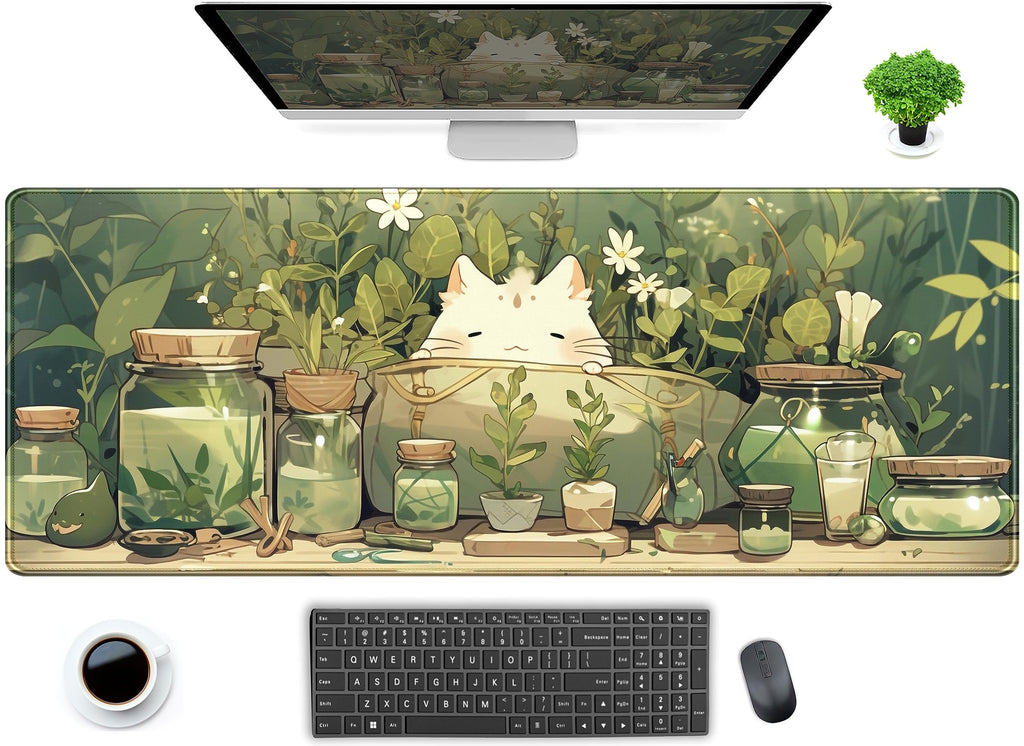 Cute Kawaii White Cat Anime Green Plant Leaves Desk Mat Large Mouse Pad Gaming Desk Pad, Xl Extended Mousepad Desk Accessories F