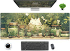 Cute Kawaii White Cat Anime Green Plant Leaves Desk Mat Large Mouse Pad Gaming Desk Pad, Xl Extended Mousepad Desk Accessories F