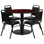 Flash Furniture 36'' Round Mahogany Laminate Table Set with Round Base and 4 Black Trapezoidal Back Banquet Chairs
