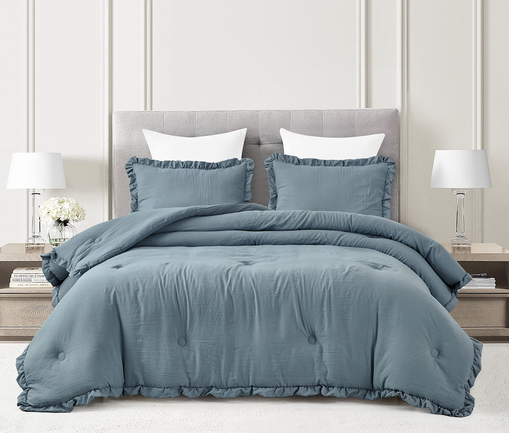 Chezmoi Collection Nora 3-Piece Ruffled Edge Trim Soft Washed Microfiber Comforter Set (Oversized King, Dusty Blue)
