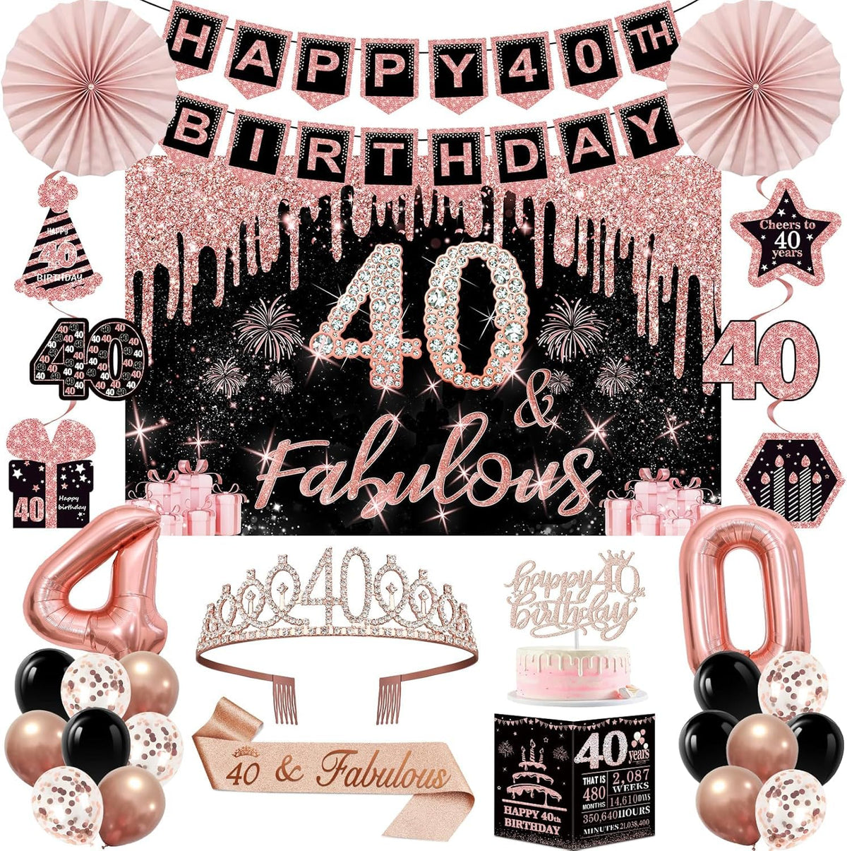 40th Birthday Decorations for Women, 32PCS 40th Birthday Party Decorations, Including Background, Crown, Sash, Banner, Hanging S