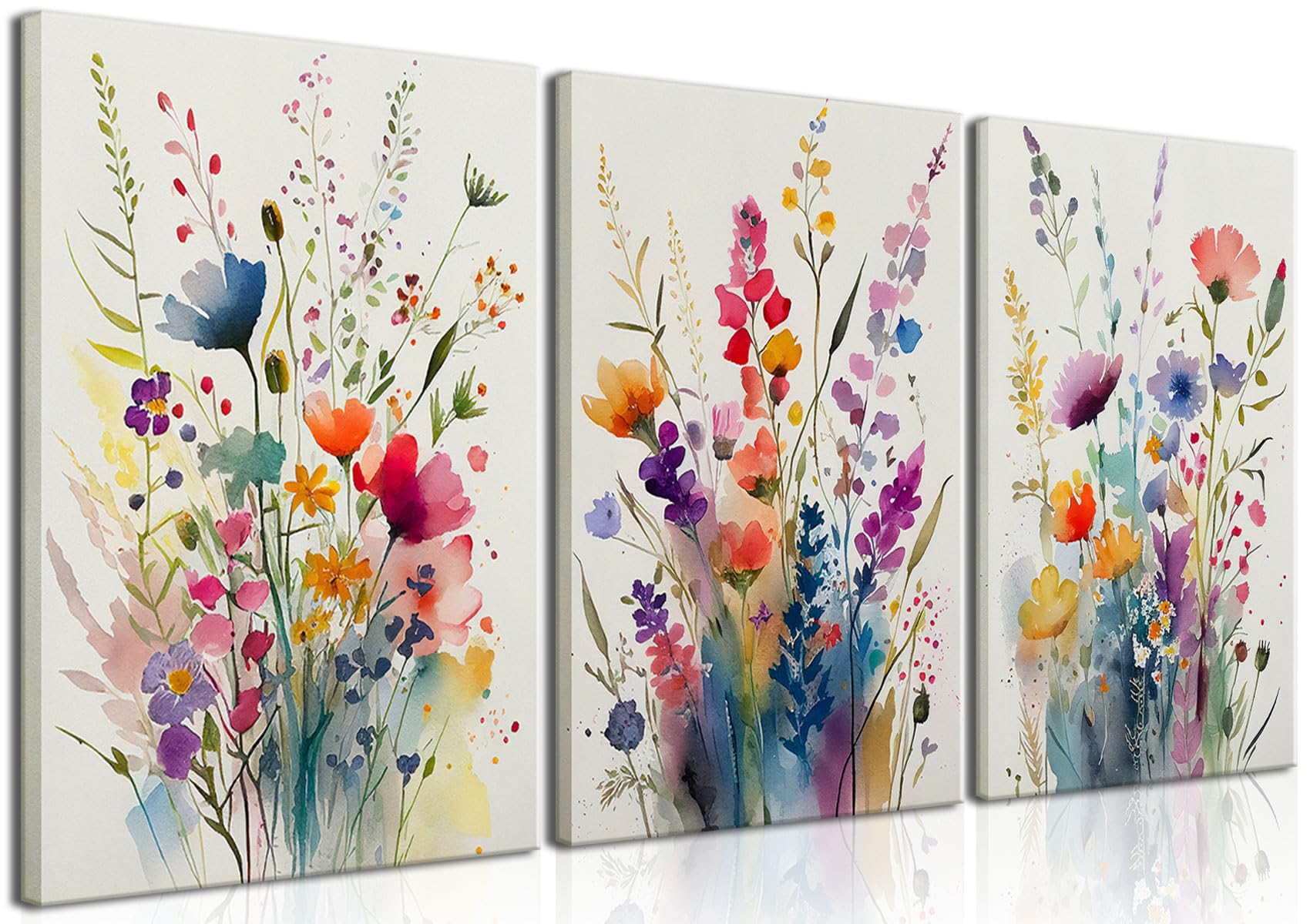 KISSFOX Framed Colorful Wildflower Canvas Wall Art Set Of 3 Flowers Pictures Prints Flowers Printing Floral Watercolors Flower w