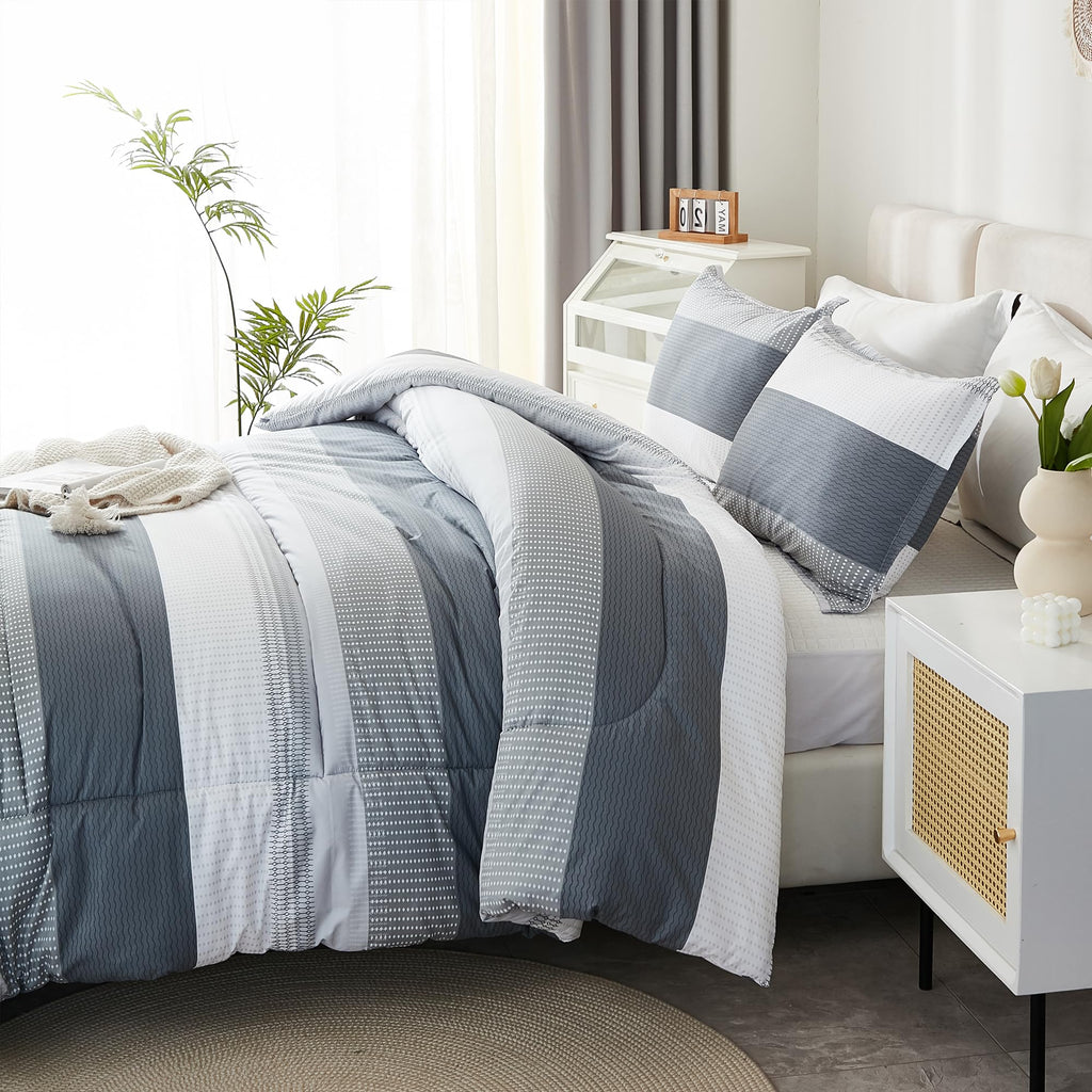 Litanika Queen Comforter Set Light Grey - 3 Pieces Lightweight Gray White Colorblock Stripe Fluffy Bedding Comforter Sets, All S