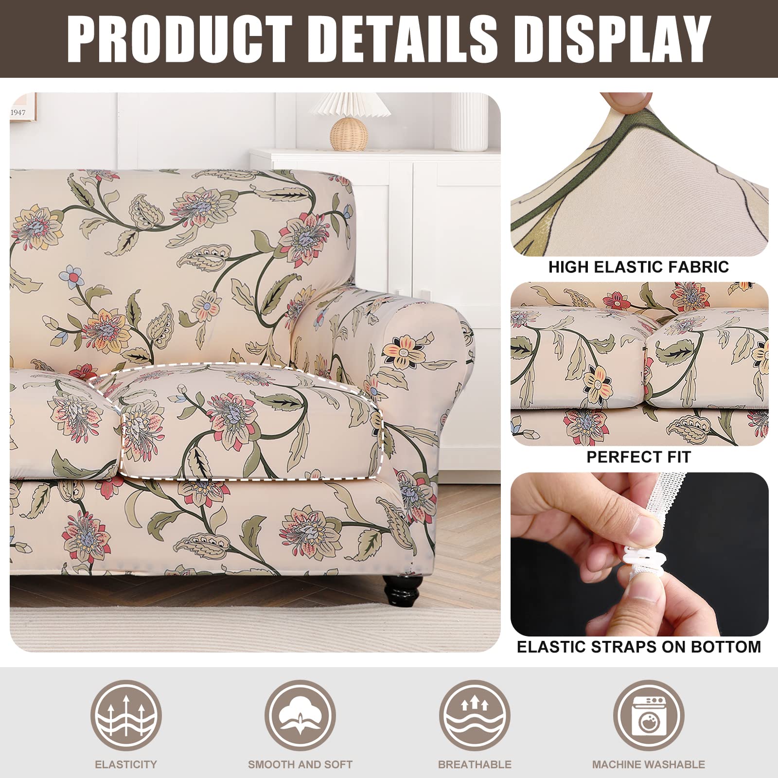 SearchI Stretch Sofa Cover Floral Pattern Polyester Spandex Yellow Large