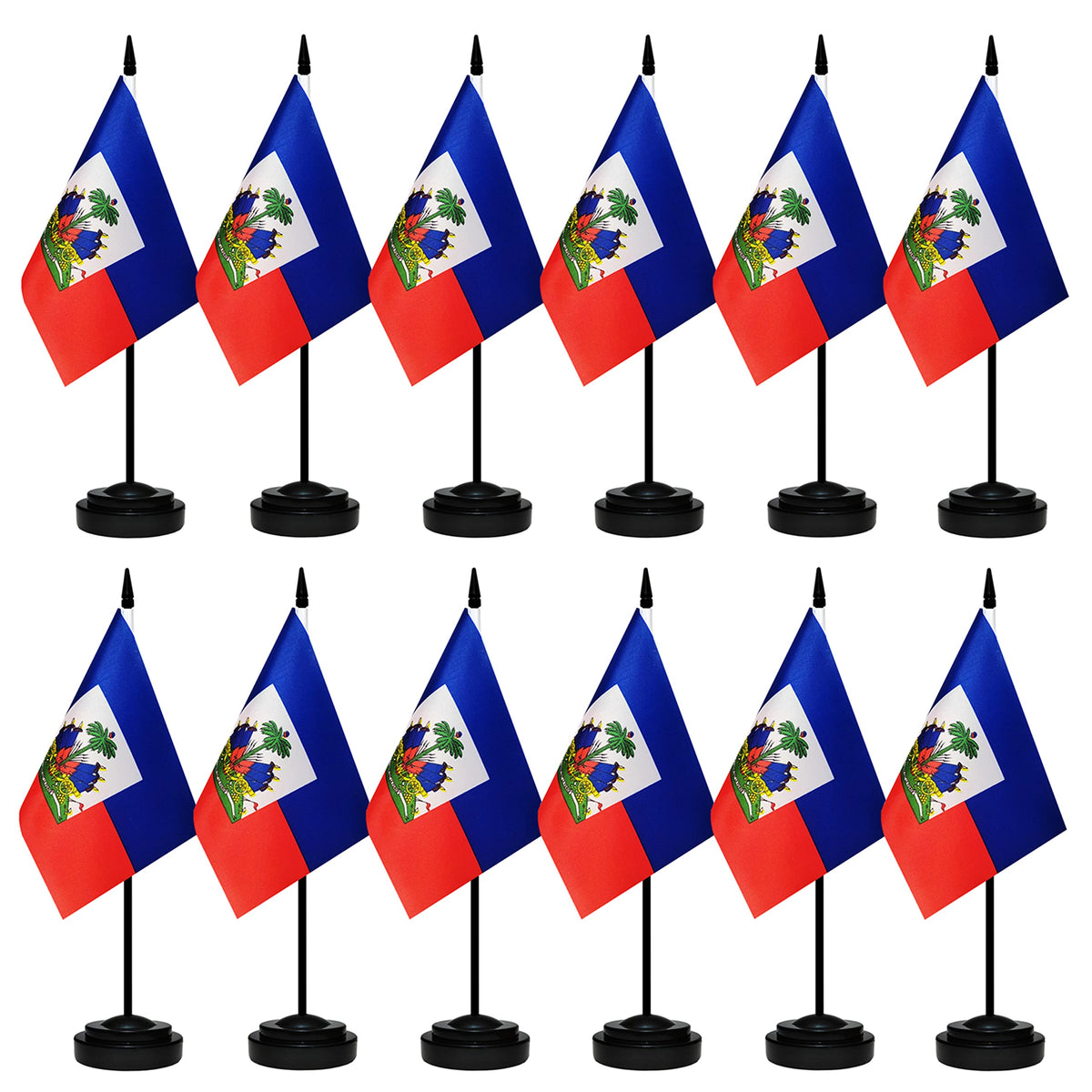 12 Pack Haiti Desk Flags Set, Haitian Small Mini Table Office Flags With 12' Solid Black Pole, Black Base And Spear Top, Miniat