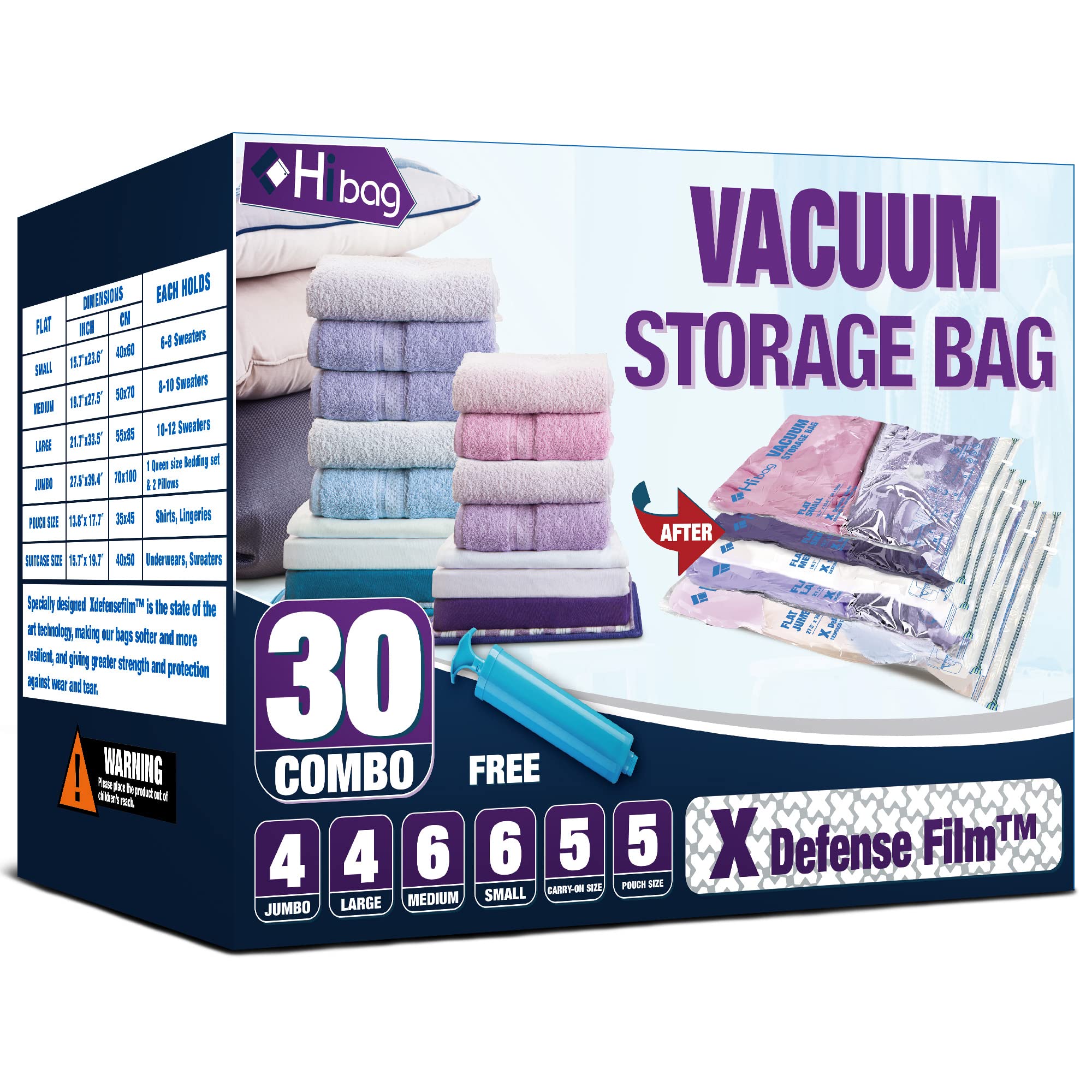 HIBAg Vacuum Storage Bags, 30-Pack Space Saver Vacuum Storage Bags, Zipper Vacuum Sealed Bags for clothing, clothes, comforters 