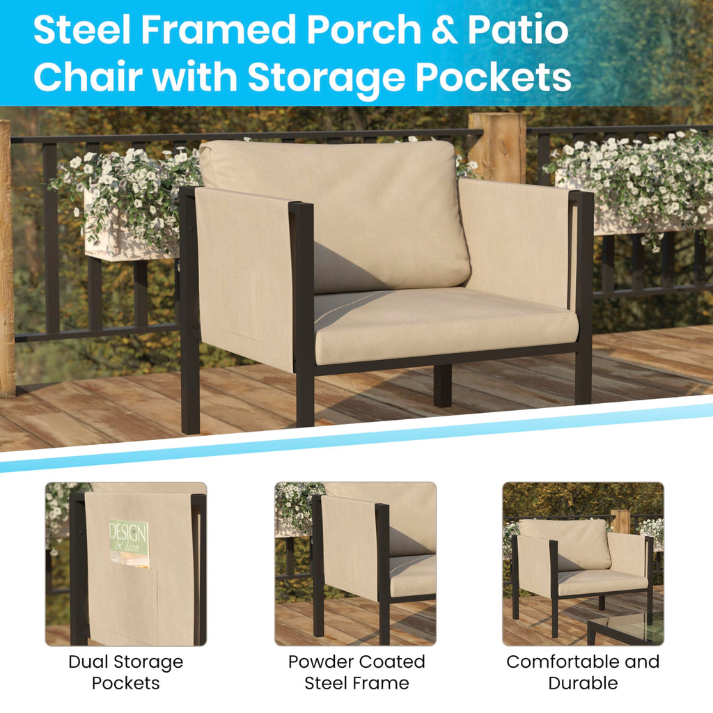Flash Furniture Lea Indoor/Outdoor Patio Chair With Cushions - Modern Steel Framed Chair With Storage Pockets, Black With Beige Cushions
