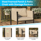 Flash Furniture Lea Indoor/Outdoor Patio Chair With Cushions - Modern Steel Framed Chair With Storage Pockets, Black With Beige Cushions