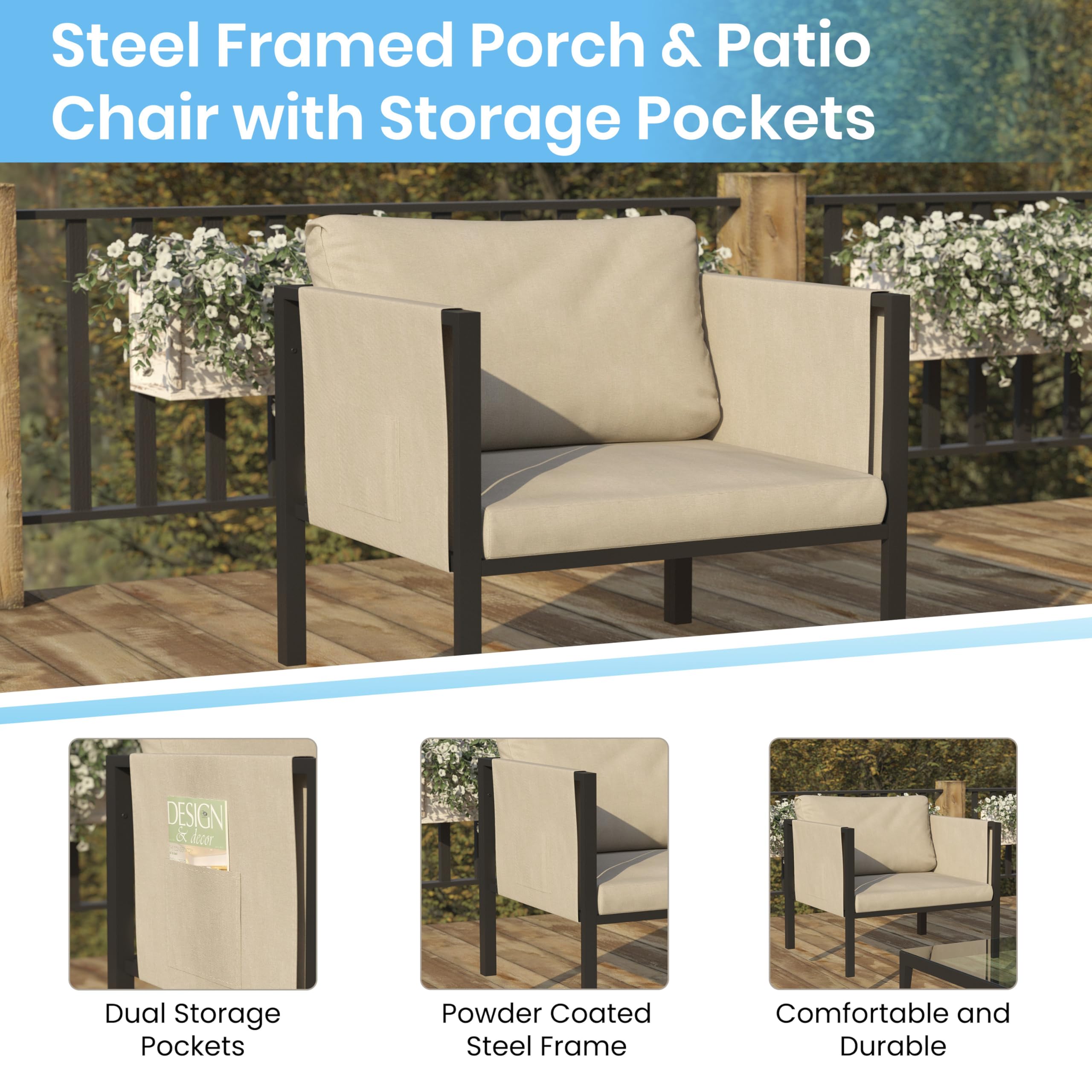 Flash Furniture Lea Indoor/Outdoor Patio Chair With Cushions - Modern Steel Framed Chair With Storage Pockets, Black With Beige Cushions