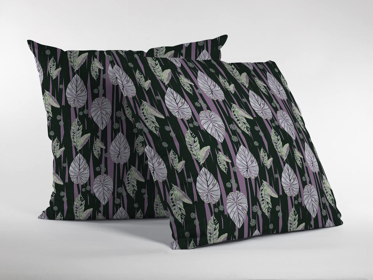 HomeRoots Purple and Dark Green 18â€ Black Purple Fall Leaves Suede Throw Pillow