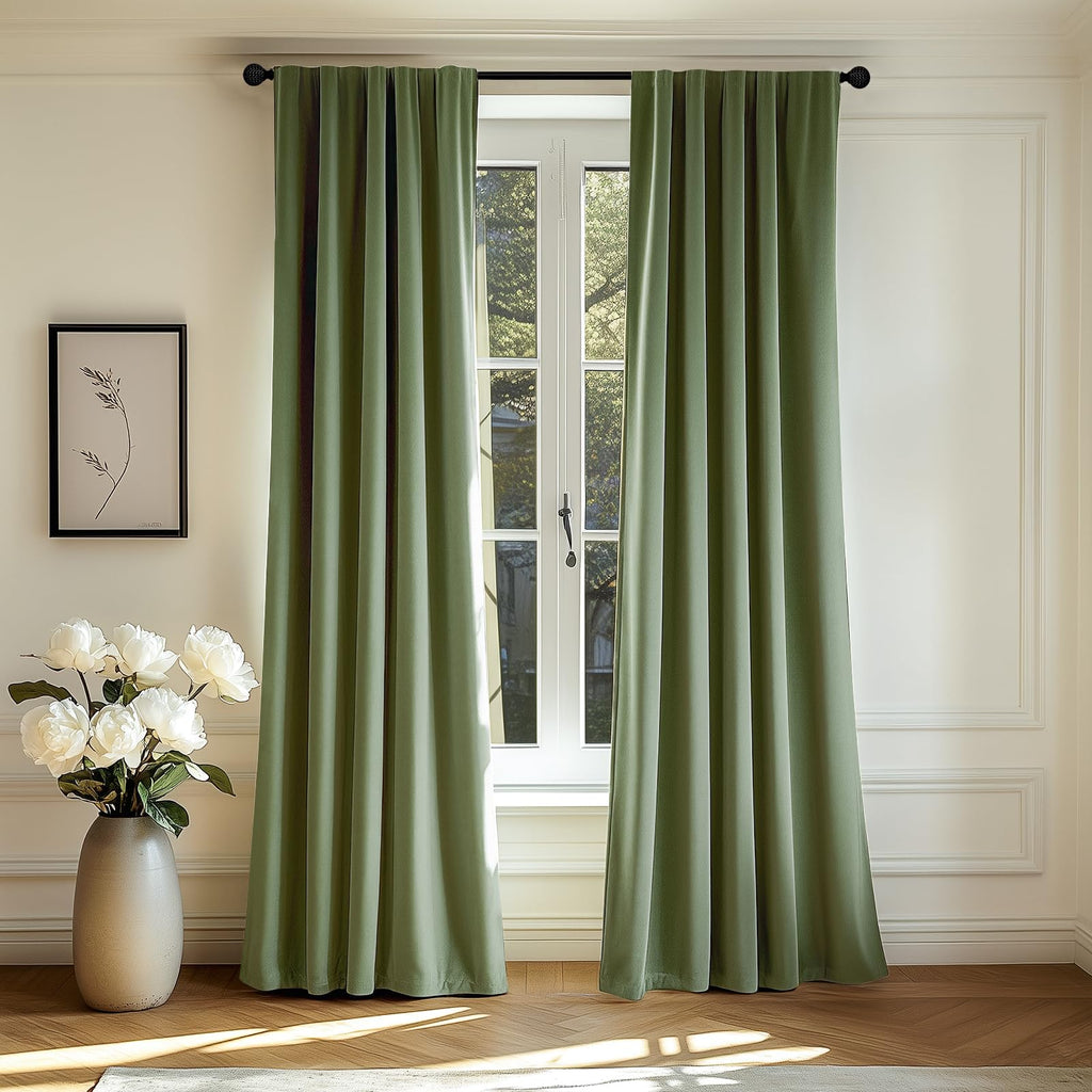 Lazzzy Sage Green Velvet Curtains Thermal Insulated Curtains 120 Inch Long Room Darkening Window Drapes For Bedroom Living Room Luxury Window Treatment 2 Panels, W62 X L120