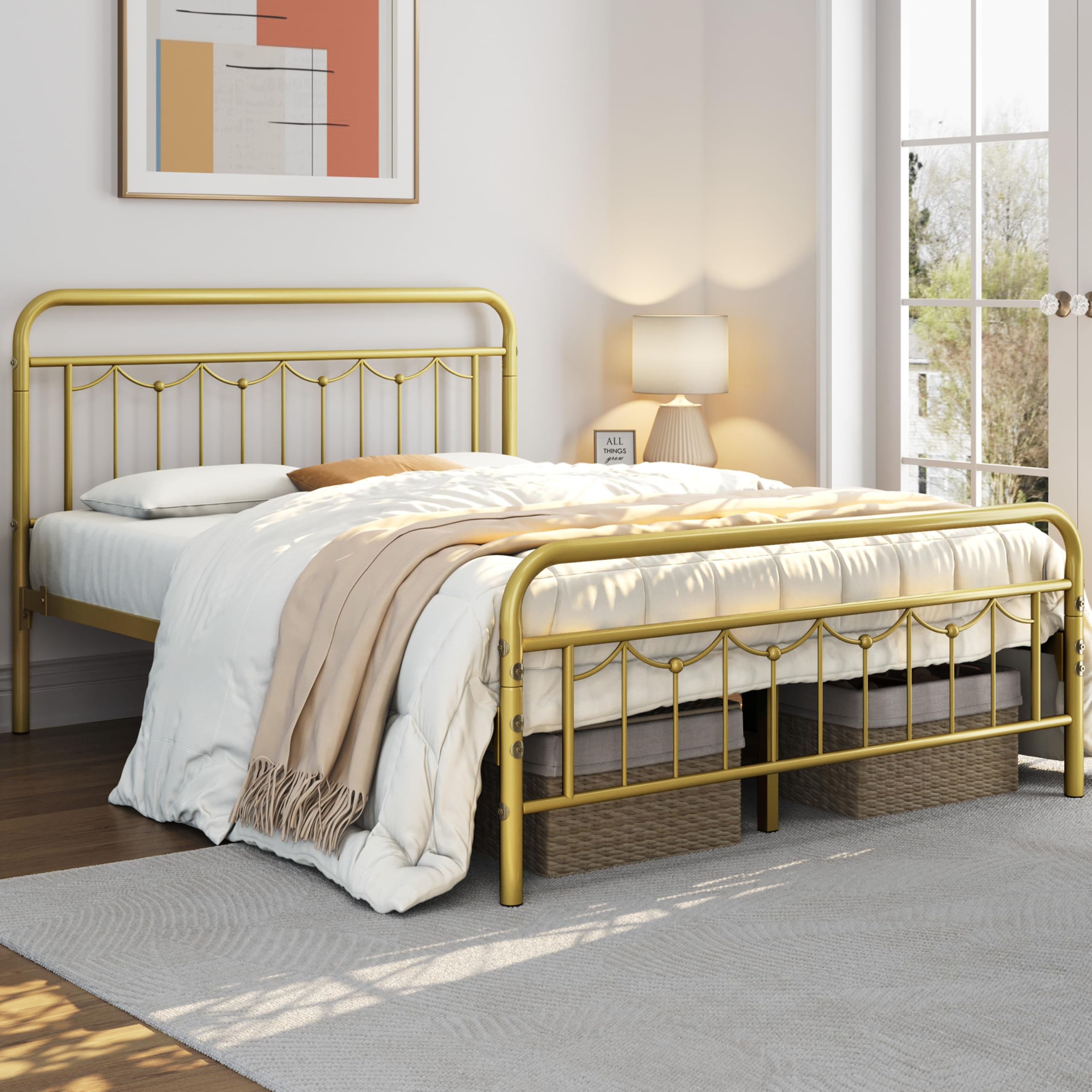 Yaheetech Queen Metal Bed Frame with Vintage Headboard, Antique Gold, Heavy Duty Steel Slat Support, No Box Spring Needed, Model YT-613449AQ