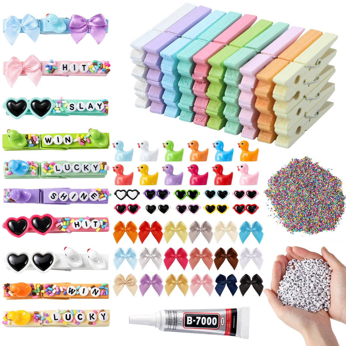 Geelin Cheer Pins Kit with 80 Pcs Spirit Clips, 800 Letter Beads, 30 Ducks, 30 Bows, 20 Sunglasses, Glue, Decoration for Cheerle