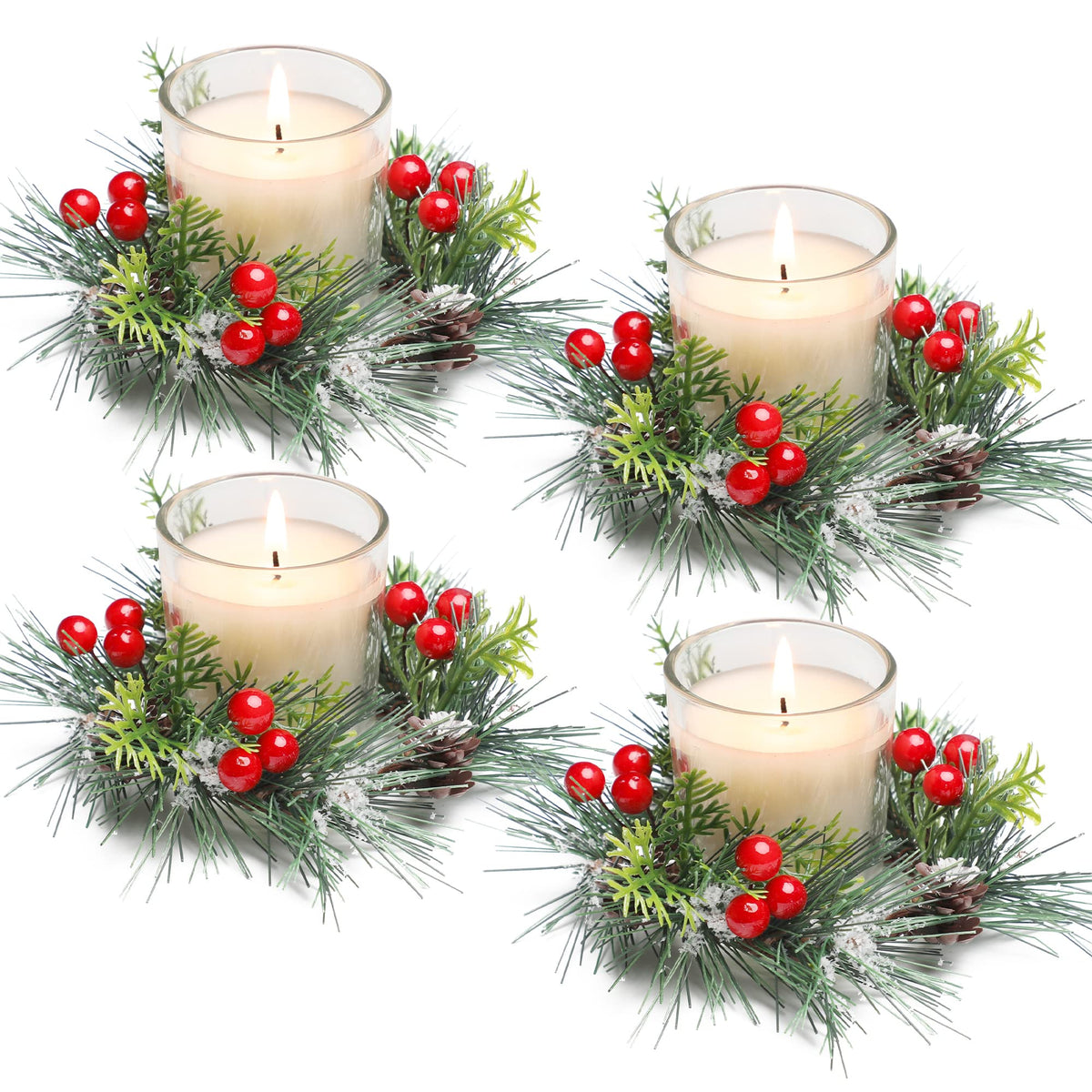 Christmas Candle Ring, 4 Pcs Votive Candle with Red Berry Pinecone, Xmas Ring Candle for Table Centerpiece Decoration Wedding Ho