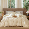 MooMee Wavy Striped Duvet Cover Set 100% Washed Cotton Linen Like Textured Breathable Durable Soft Comfy (Cream White, Full 80x9