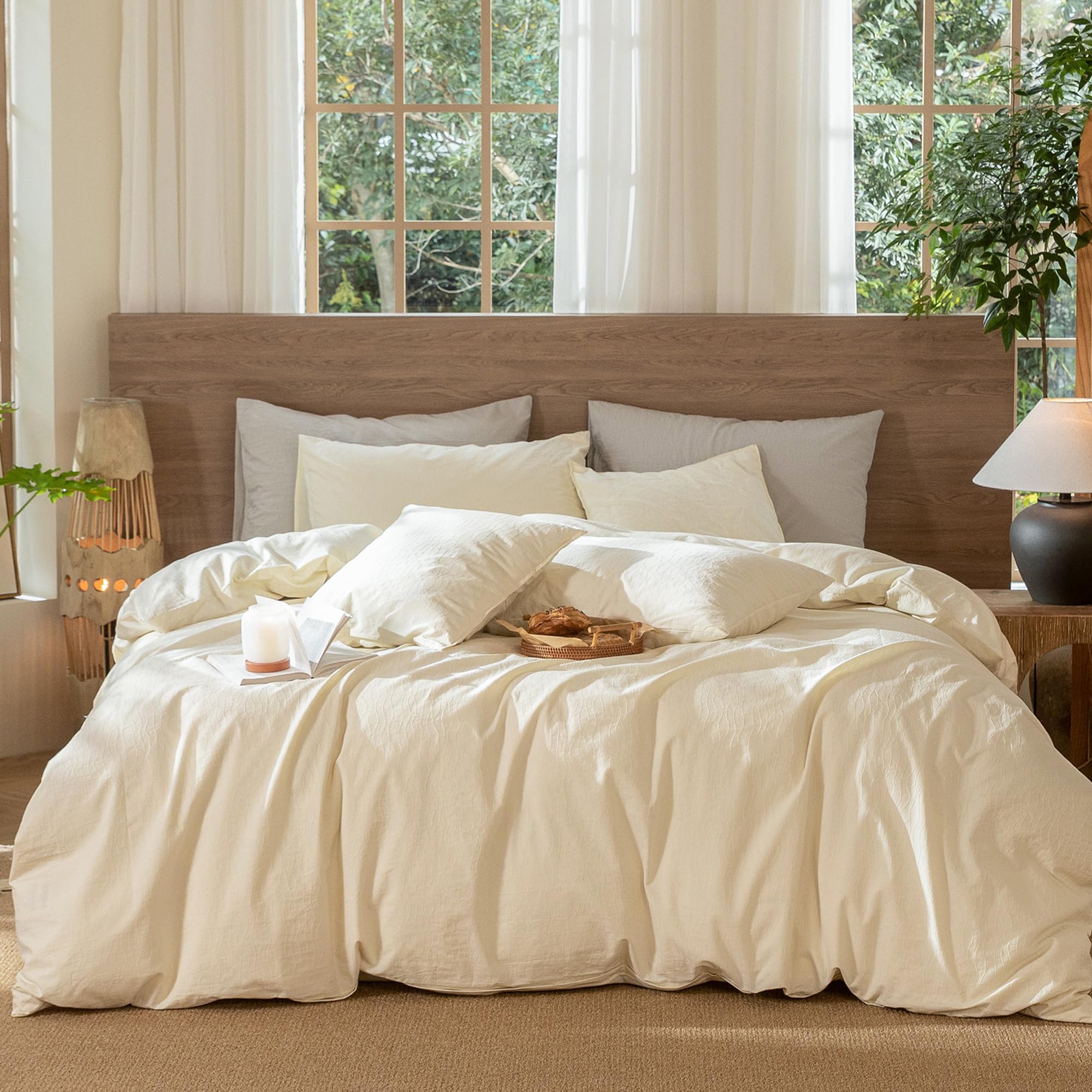 MooMee Wavy Striped Duvet Cover Set 100% Washed Cotton Linen Like Textured Breathable Durable Soft Comfy (Cream White, Full 80x9
