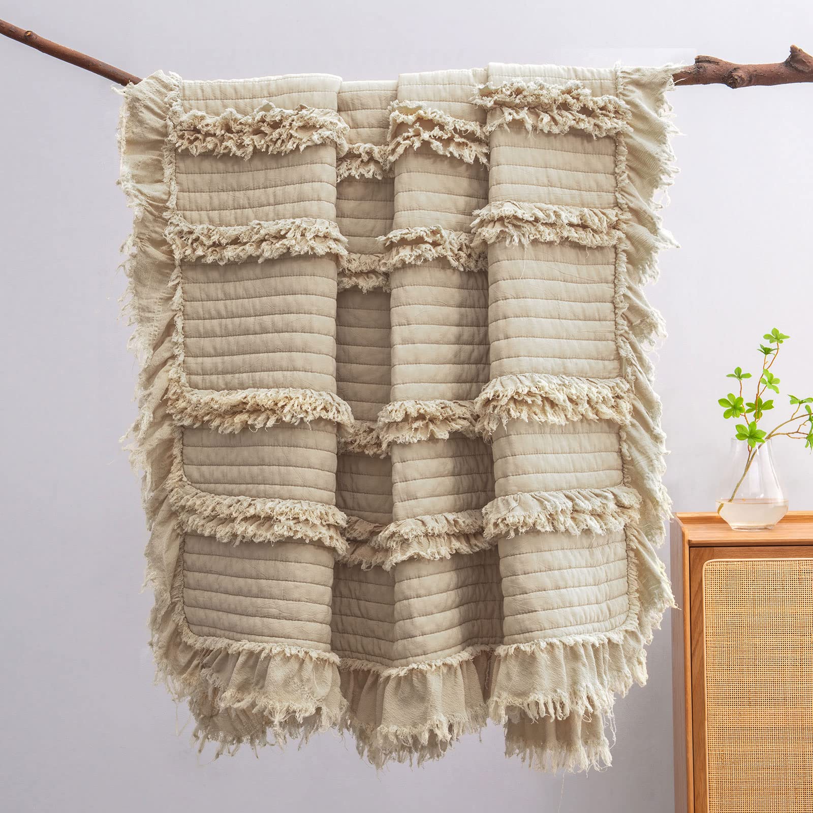 Ultra Soft Pre-Washed Quilted Boho Throw Blanket, Ruffle Fringed Beige Decorative Throw, Stone Washed Chic Rustic Blanket For So