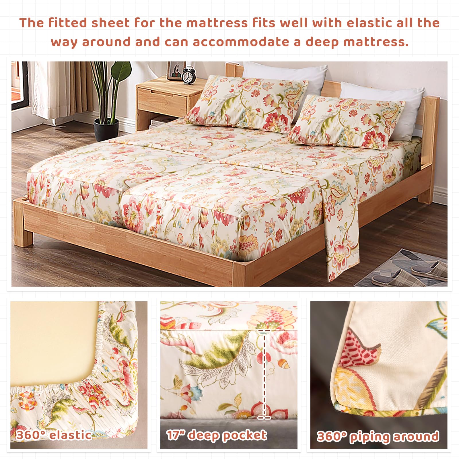 Qsh 100% Egyptian Cotton Floral Sheets For Split King Size Bed, Red Yellow Flowers Plant Pattern Botanical Printed Bedding Deep