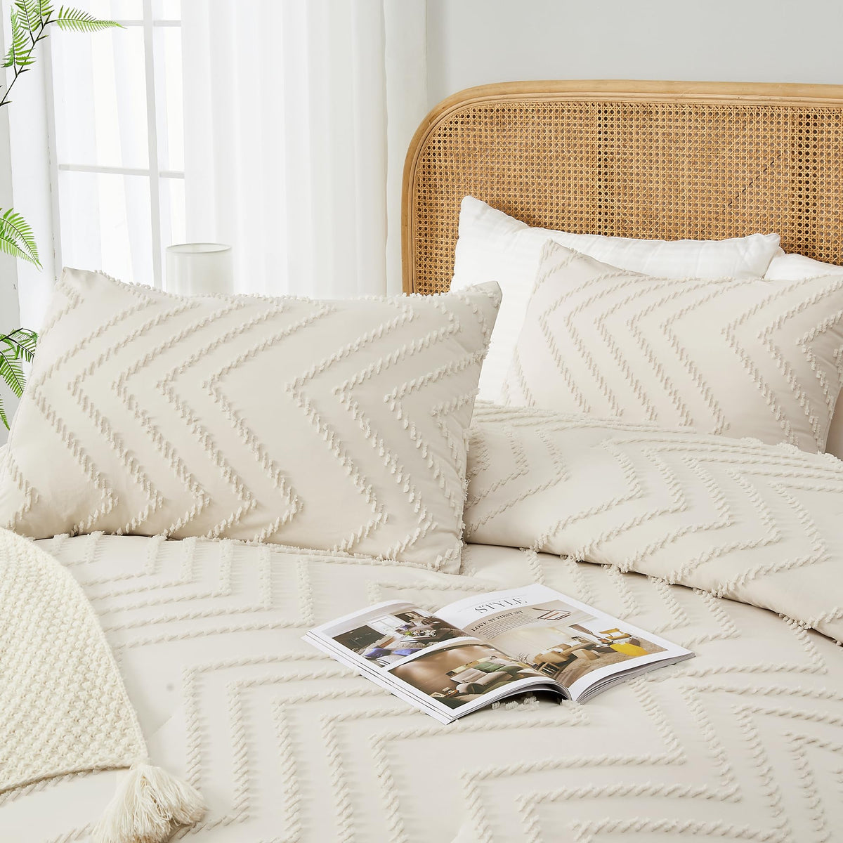 Andency California King Comforter Set Beige, Boho Cal King Cream Soft Warm Tufted Neutral Bedding Comforter Sets, 3 Pieces Cali King Aesthetic Chevron Farmhouse Cute Bohemian Textured Bedding Set