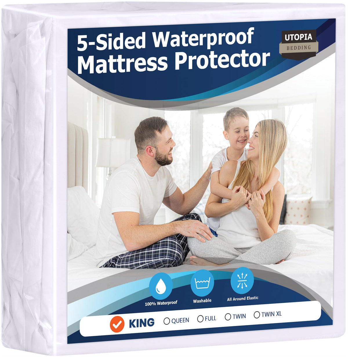 Utopia Bedding Waterproof 5-Sided Mattress Protector King Size, Premium Breathable Mattress Cover, Fitted Style With Stretchable