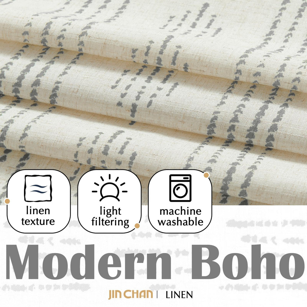 Jinchan Boho Kitchen Curtains Linen Tier Curtains 36 Inches Bohemian Small Cafe Curtains Gray Striped Farmhouse Curtains For Bathroom Rv Camper Light Filtering Rod Pocket 2 Panels Grey On Beige