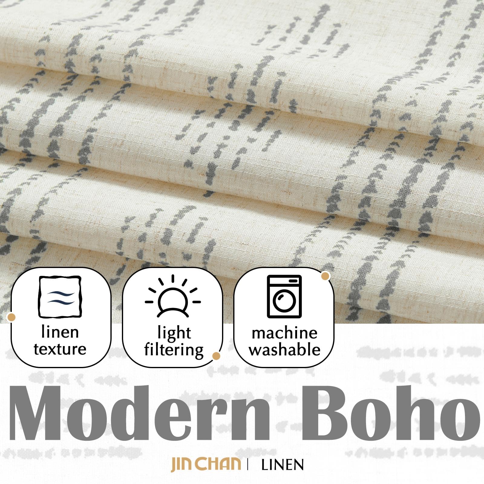 Jinchan Boho Kitchen Curtains Linen Tier Curtains 24 Inches Bohemian Small Cafe Curtains Gray Striped Farmhouse Curtains For Bat