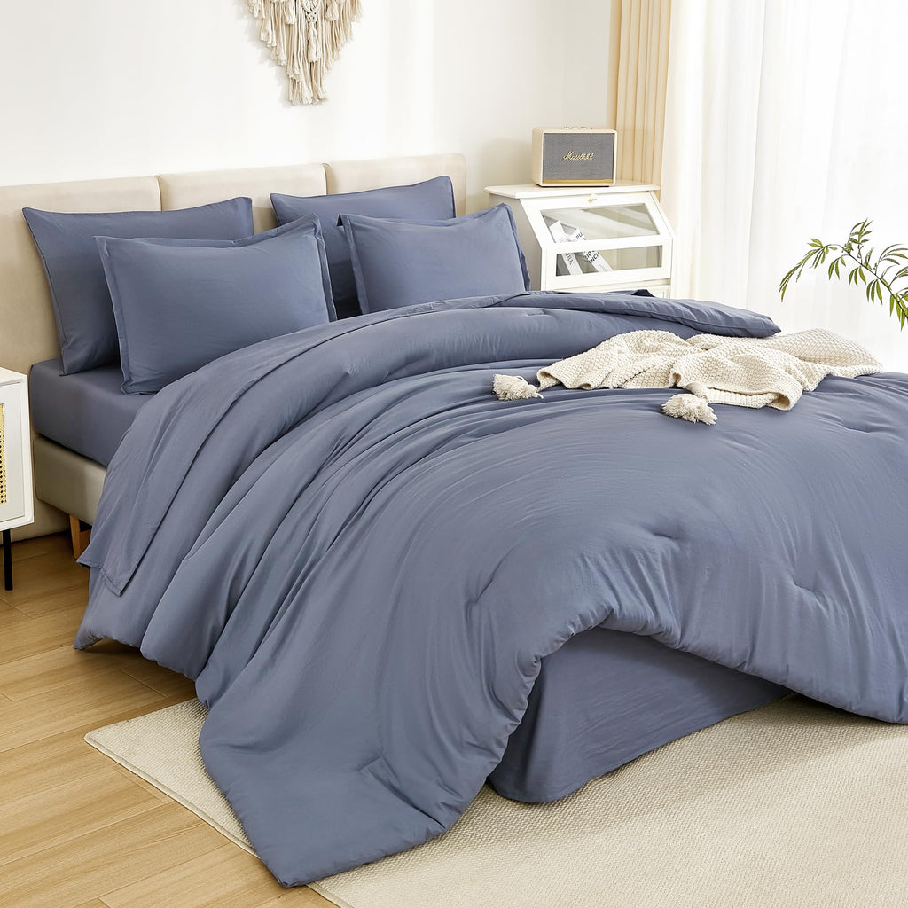 Litanika Full Size Comforter Sets Bluish Grey - 7 Pieces Bed In A Bag Full Beddding Comforter Sets, Solid Lightweight Bed Set Wi