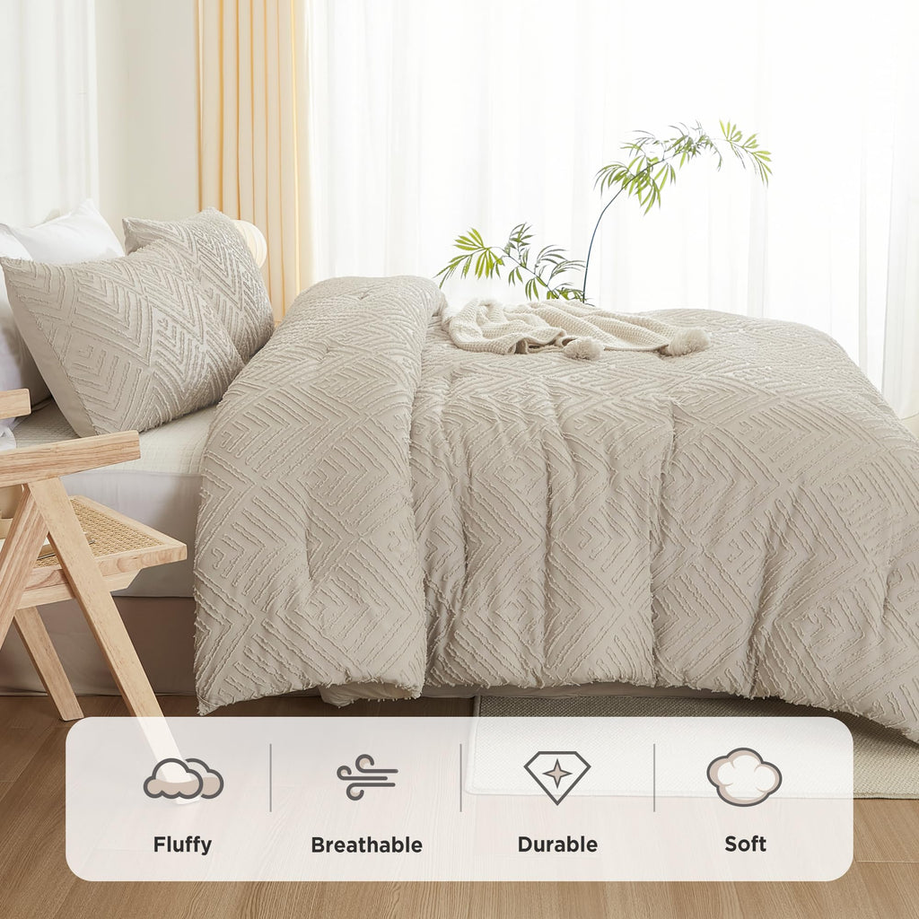 Litanika Oatmeal King Size Comforter Set, 3 Pieces Tufted Boho Farmhouse Bedding Comforter Sets, Lightweight Fluffy Comforter Be