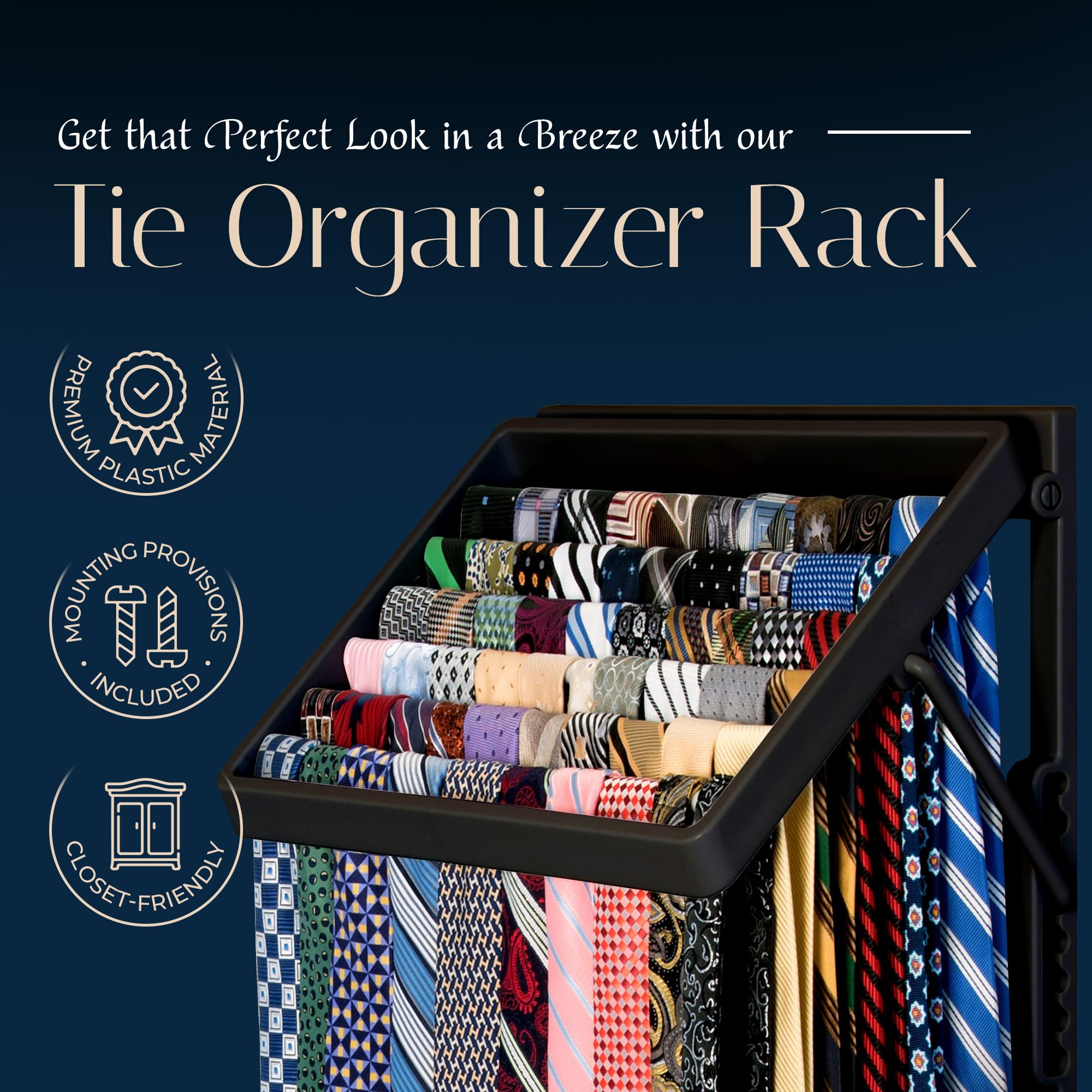 TieMaster Tie Rack and Scarf Organizer, Battery-Free, Holds 60 Ties and Scarves with 5 Belt Hooks, Plastic, Black