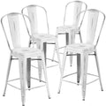 4 Pk. 24 High Distressed White Metal Indoor Counter Height Stool with Back