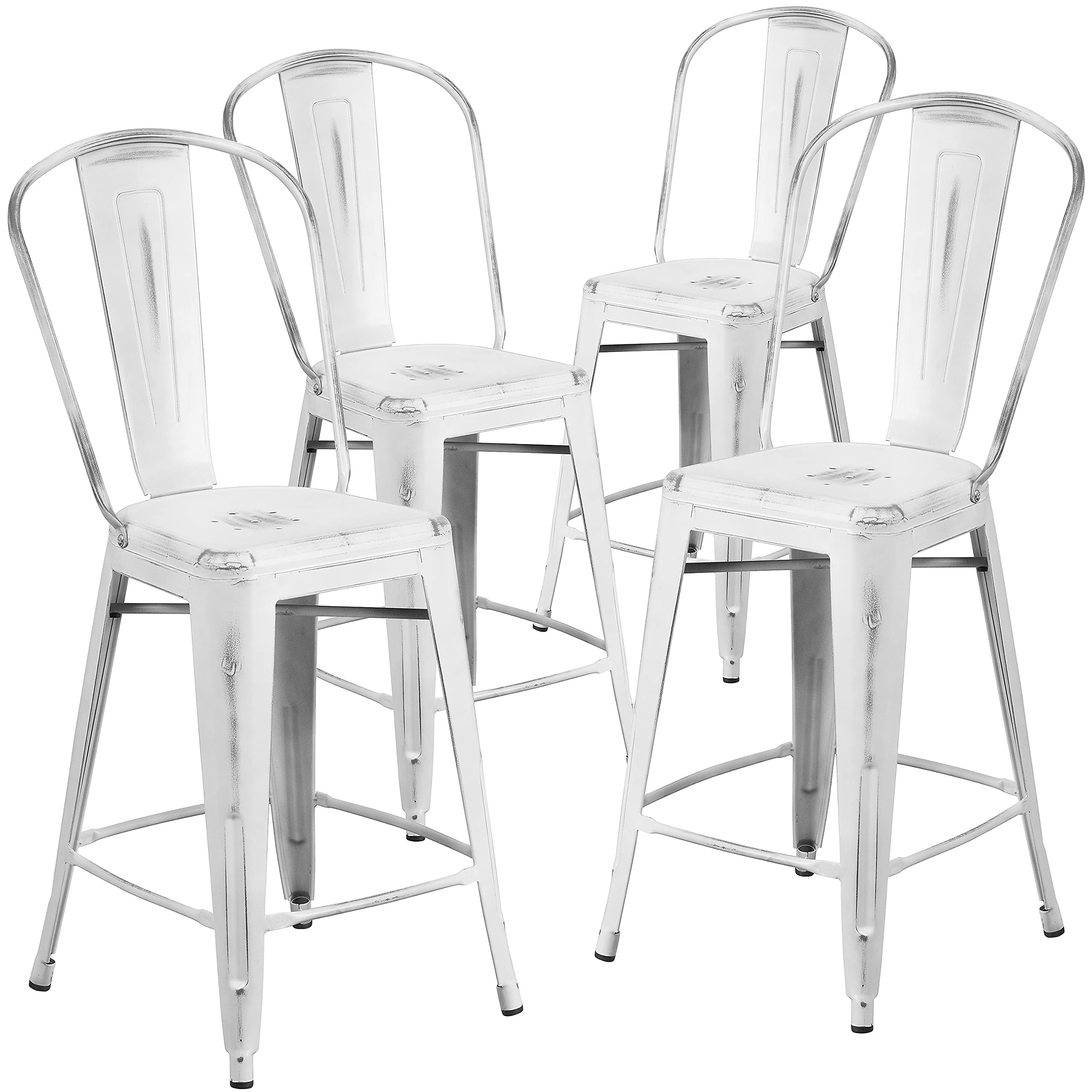 4 Pk. 24 High Distressed White Metal Indoor Counter Height Stool with Back
