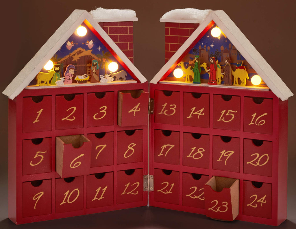 Brubaker Reusable Wooden Advent Calendar To Fill - Red Christmas House With Nativity Play And Led Lighting - Diy Christmas Calen