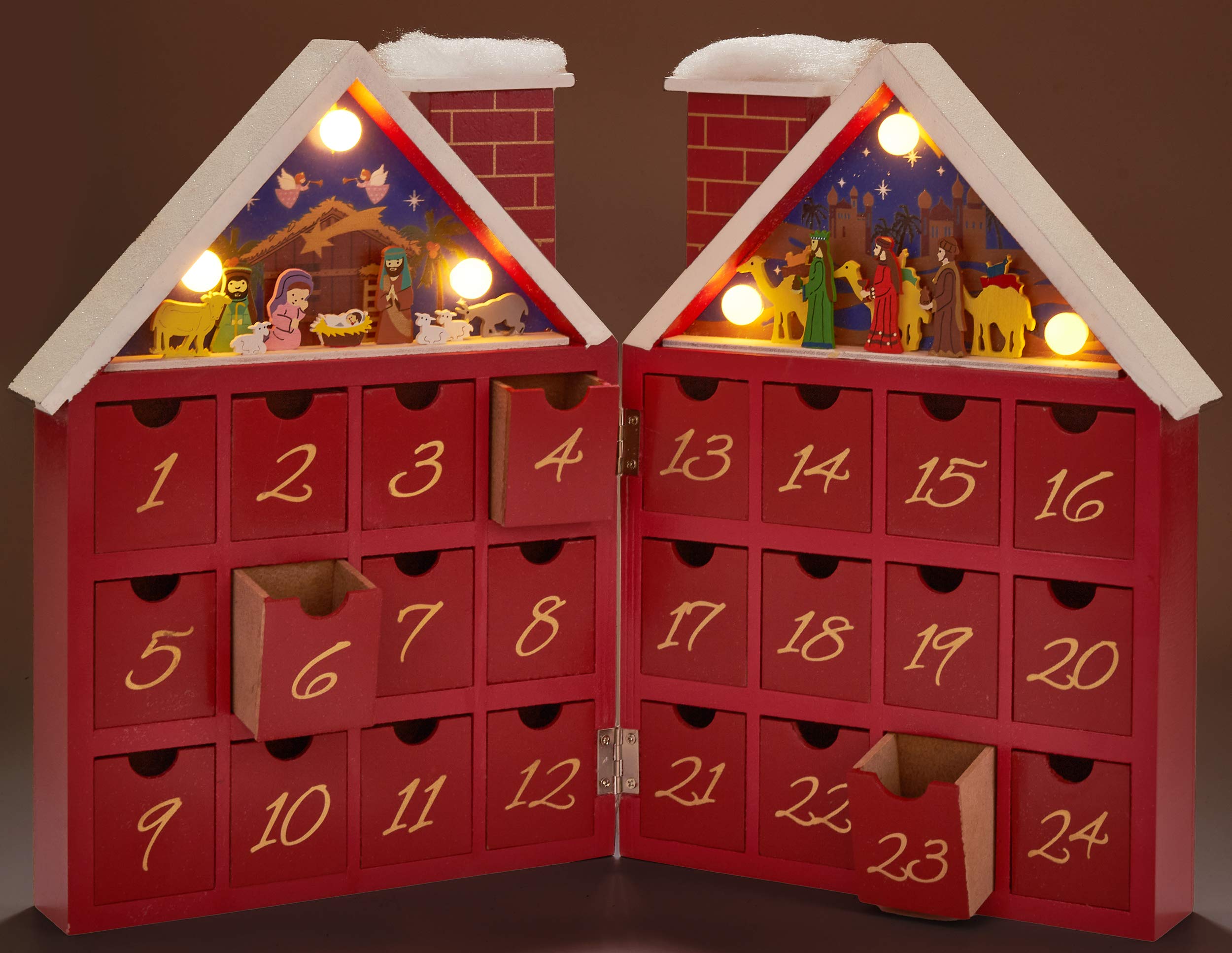 Brubaker Reusable Wooden Advent Calendar To Fill - Red Christmas House With Nativity Play And Led Lighting - Diy Christmas Calen